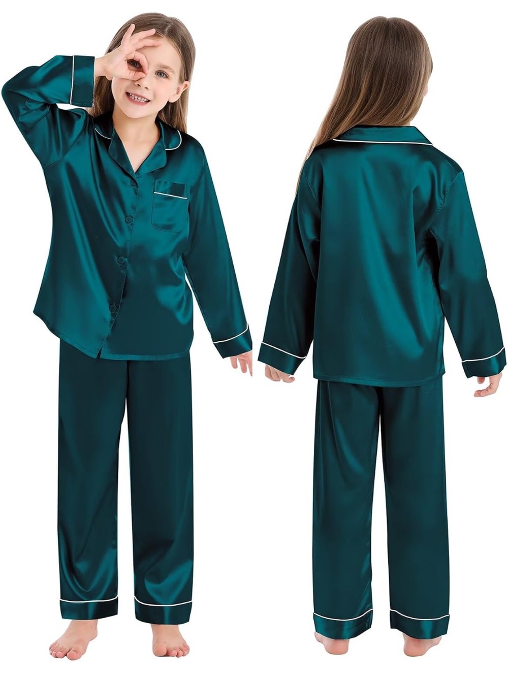 (NWT) Girls/ boys dark green silky pajamas set size 140 (10-11 years) UNISEX